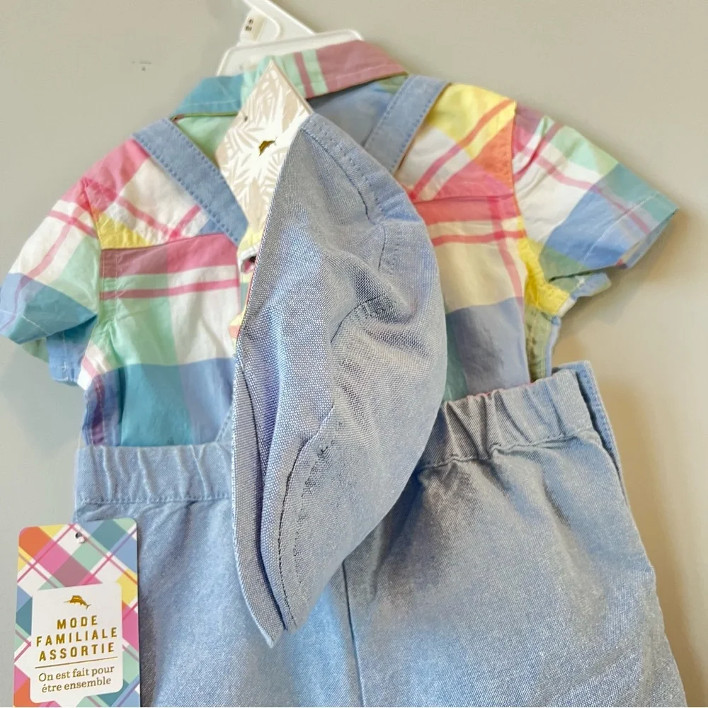 Tommy Bahama Kids 3 Piece Set Size 3-6M Plaid Shirt Romper Chambray Overalls Hat